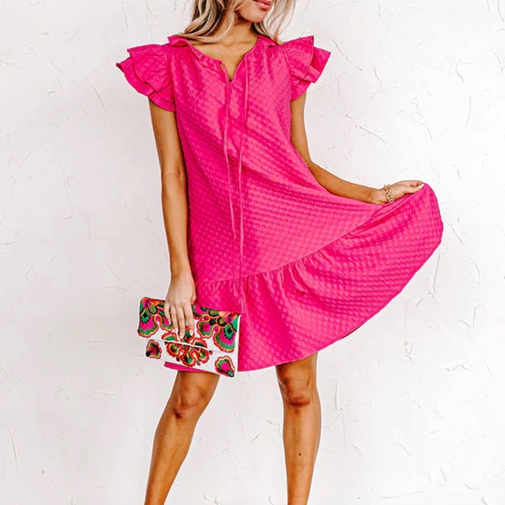 Vibrant Pink Ruffle Sleeve Dress